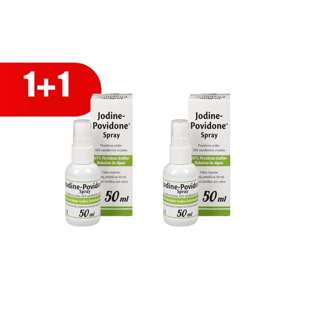 1+1 JODINE-POVIDONE 10% Spray vandeninis tirpalas žaizdų priežiūrai, 50 ml